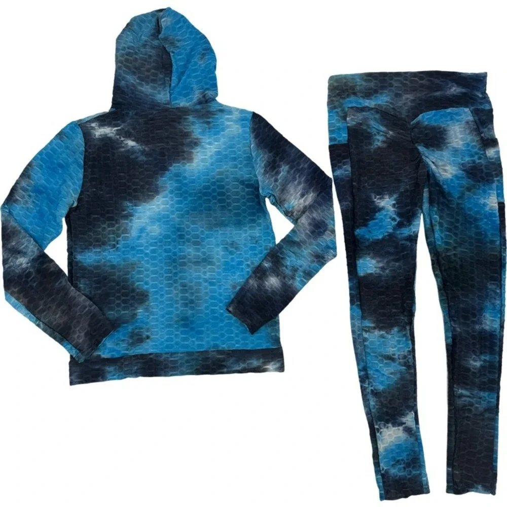RICH & ROGUE NEW 1XL Tracksuit Lot Blue Black Tie Dye Honeycomb Textured Active